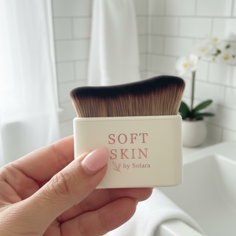 Hand holding labeled brush in bathroom - square format